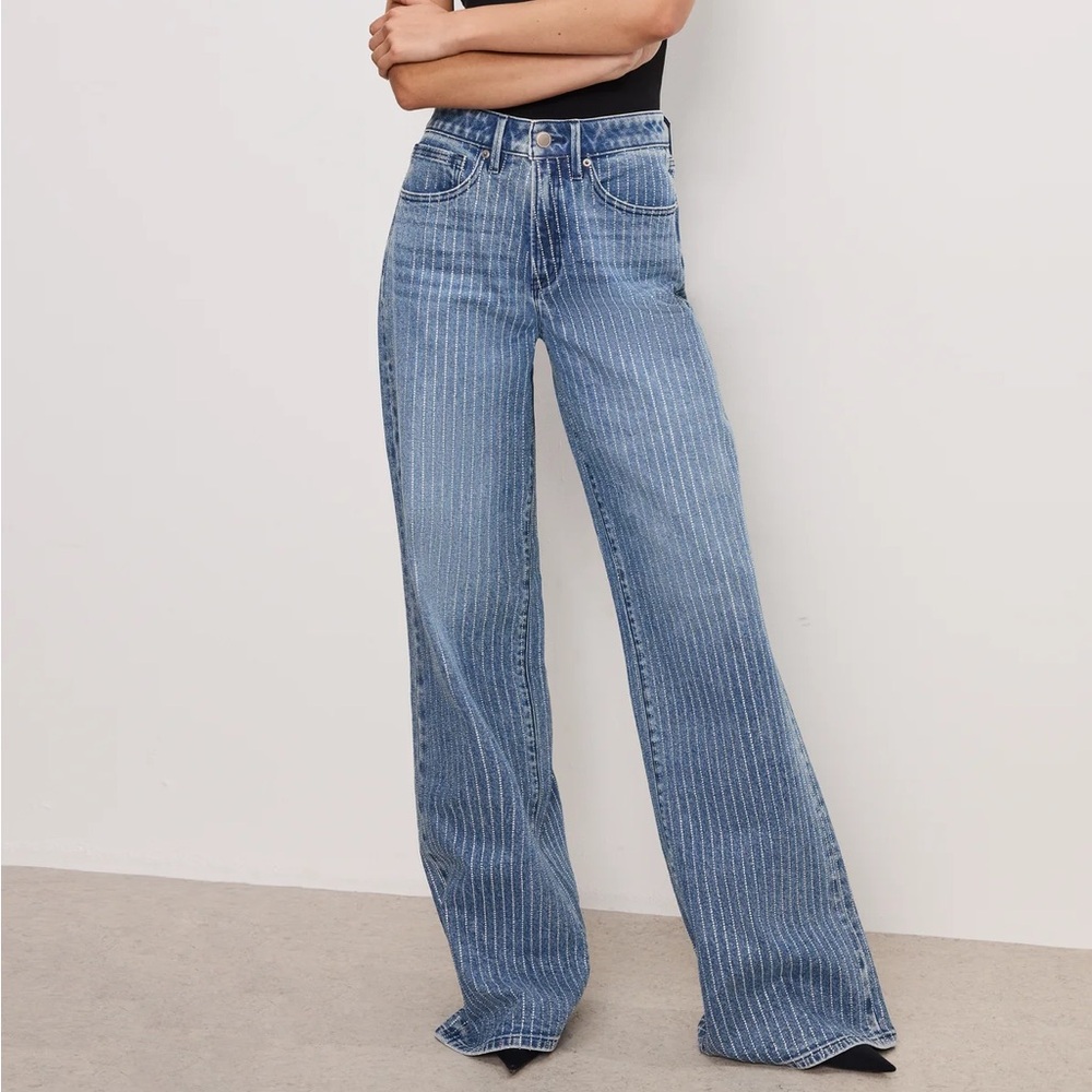 Good American Bedazzled Striped Wide Leg Jeans. Good Ease Relaxed mid rise. NEW!